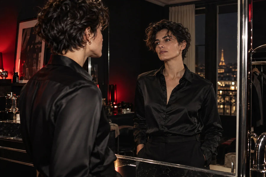 Une personne adulte en tenue noire observe son reflet dans une ambiance nocturne aux accents carmin.