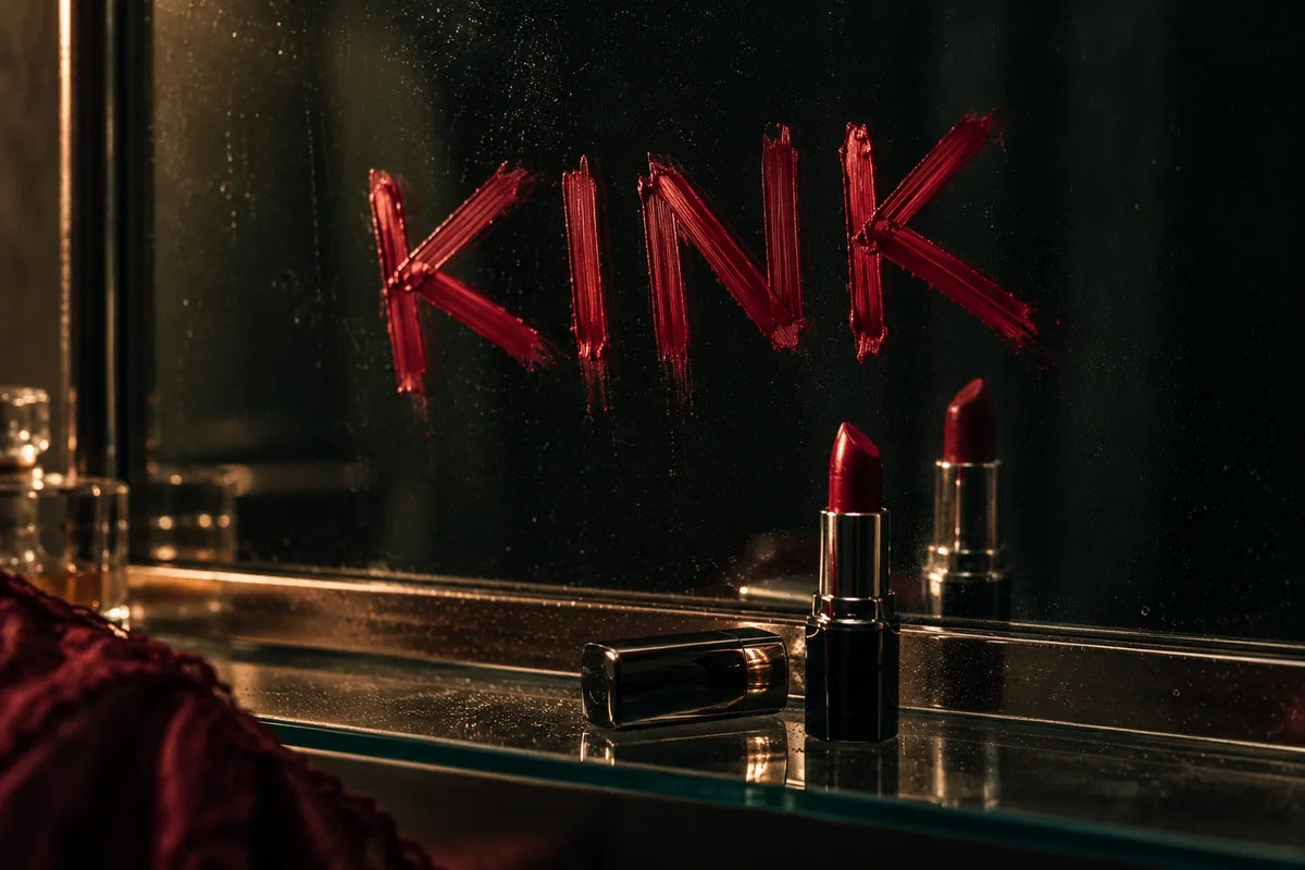 Le mot KINK tracé au rouge à lèvres carmin sur un miroir sombre, au-dessus d’un rouge à lèvres ouvert et de son reflet.