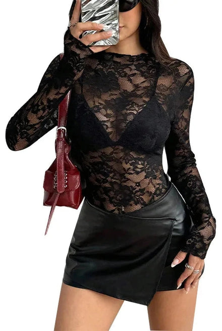 Haut Dentelle Transparent   Manches Longues Col Montant : vue principale