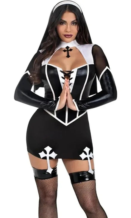 Costume Nonne Sexy Vinyle Noir Ajouré : vue principale