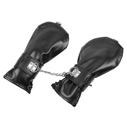 Moufles de contention noires en similicuir avec chaîne et cadenas | BDSM Empire
