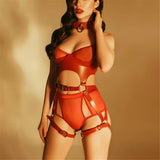 Harnais corps femme similicuir rouge avec collier | BDSM Empire