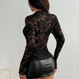 Haut Dentelle Transparent <br> Manches Longues Col Montant