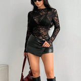 Haut Dentelle Transparent <br> Manches Longues Col Montant