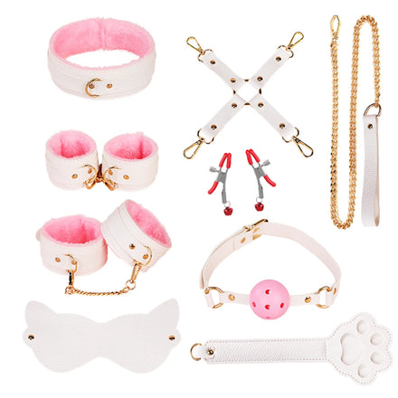 Kit bondage style chat 9 pièces rose et blanc | BDSM Empire