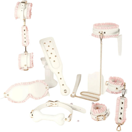 Kit bondage blanc et rose 6 pièces, paddle masque bâillon | BDSM Empire