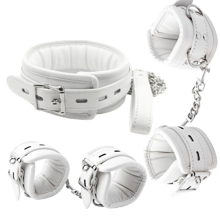 Kit bondage blanc rembourré, collier menottes chevillères | BDSM Empire