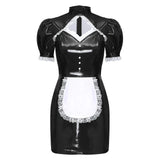 Robe soubrette noire en similicuir avec tablier | BDSM Empire