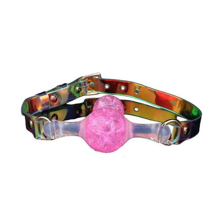 Bâillon Boule Silicone Pailleté Irisé : bâillon boule pailletée et sangle irisée, photo 1