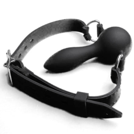 Bâillon Gode Silicone Réversible : bâillon gode en silicone noir et sangle, photo 1