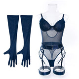 Body Résille Gants et Jarretelles : body résille avec longs gants et jarretelles, photo 3