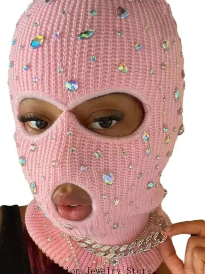 Cagoule Tricot 3 Trous à Strass — Rose clair — photo originale au format portrait