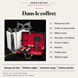 Coffret BDSM Carmin : carte du contenu, pièces numérotées et caractéristiques