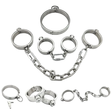 Collier, Menottes et Entraves Acier Lourd : ensemble collier, menottes et entraves en acier inoxydable, photo 1
