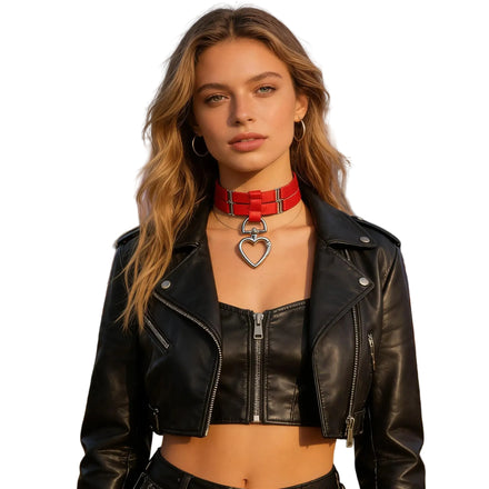 Collier Ras du Cou Rouge Pendentif Cœur : ras du cou rouge, pendentif anneau en forme de cœur, photo 1