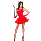 Costume Diablesse Rouge Cornes et Fourche : costume de diablesse rouge avec cornes et fourche, photo 2