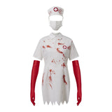 Costume Infirmière Zombie Gants Rouges : robe d'infirmière zombie blanche tachée, coiffe, photo 1
