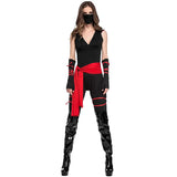 Costume Ninja Femme Ceinture Rouge : costume ninja noir moulant avec ceinture rouge et masque, photo 1