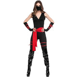 Costume Ninja Femme Ceinture Rouge : costume ninja noir moulant avec ceinture rouge et masque, photo 2