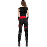 Costume Ninja Femme Ceinture Rouge : costume ninja noir moulant avec ceinture rouge et masque, photo 3