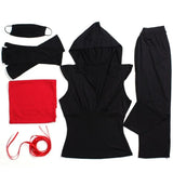 Costume Ninja Femme Ceinture Rouge : costume ninja noir moulant avec ceinture rouge et masque, photo 4