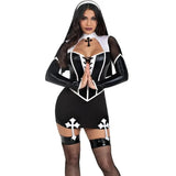 Costume Nonne Sexy Vinyle Noir Ajouré : costume de nonne noir ajouré avec haut jupe et voile, photo 1
