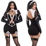 Costume Nonne Sexy Vinyle Noir Ajouré : costume de nonne noir ajouré avec haut jupe et voile, photo 2