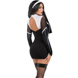 Costume Nonne Sexy Vinyle Noir Ajouré : costume de nonne noir ajouré avec haut jupe et voile, photo 3