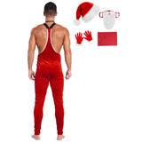 Costume Père Noël Homme en Peluche : costume de père Noël homme en peluche rouge avec bonnet, photo 3