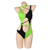 Costume Super-Vilaine Verte Asymétrique : combinaison asymétrique verte et noire avec gants, photo 1