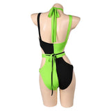 Costume Super-Vilaine Verte Asymétrique : combinaison asymétrique verte et noire avec gants, photo 2