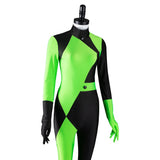 Costume Super-Vilaine Verte Asymétrique : combinaison asymétrique verte et noire avec gants, photo 3