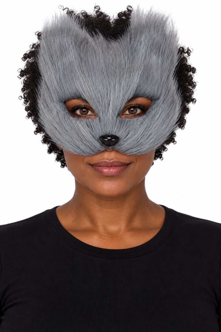 Demi-Masque Renard Fausse Fourrure — Gris — porté sur fond blanc