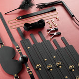 Kit BDSM Luxe 12 Pièces : pièces noires disposées sur la pochette, noir
