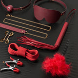 Kit BDSM Luxe 12 Pièces : bandeau, martinet, corde et plumeau, rouge
