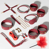 Kit BDSM Luxe 12 Pièces : pièces à plat sur fond clair, rouge