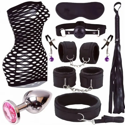 Kit BDSM Résille 9 Pièces : kit noir complet, noir