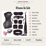 Kit BDSM Résille 9 Pièces : carte du contenu, pièces numérotées et caractéristiques