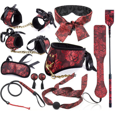 Kit Bondage Baroque : ensemble du kit, rouge et noir