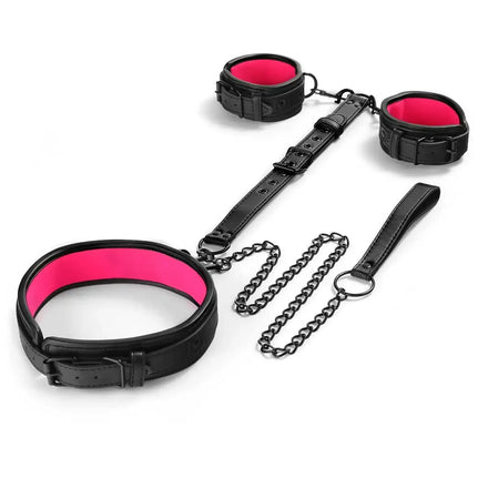 Kit Bondage Cou-Poignets : version noir et rose, noir et rose
