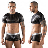 Lingerie Homme Crop Top Brillant Résille : lingerie homme crop top brillant et shorty en résille, photo 1