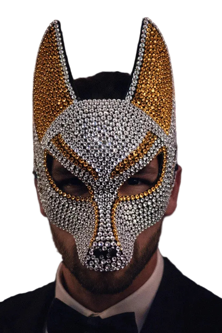 Masque chacal argenté à oreilles dorées porté, photo originale recadrée