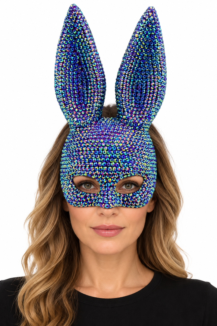 Masque Lapin Pailleté 7 Coloris — Bleu irisé — porté sur fond blanc