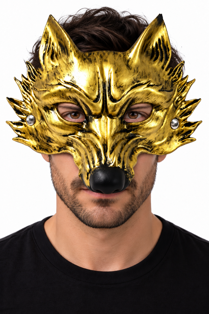Masque de Loup Silicone Effet Métal Vieilli — Doré vieilli — porté sur fond blanc