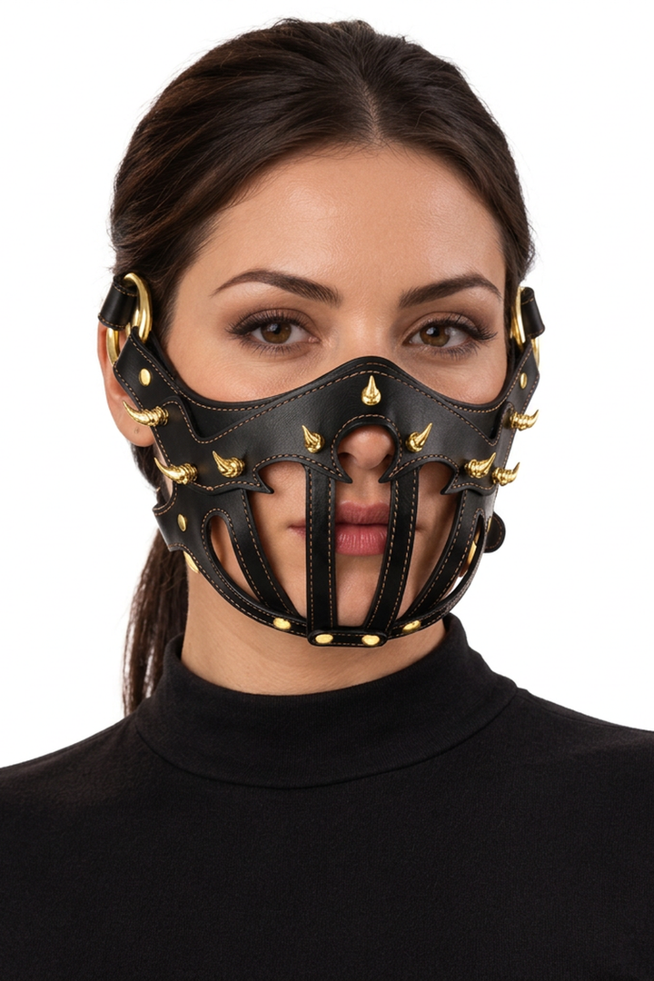 Masque Muselière et Bandeau Cuir PU — Muselière, finitions dorées — porté sur fond blanc