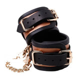 Menottes Cuir Bicolore Chaîne Or Rose : chevillères noir et cognac à boucle, photo 4