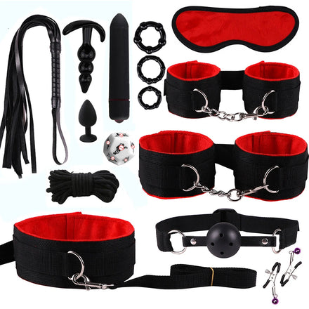 Pack BDSM 15 Pièces : les 15 accessoires à plat, doublure rouge et bandeau rouge