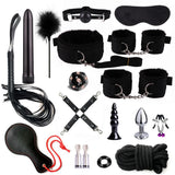 Pack BDSM 18 Pièces : les 18 accessoires à plat, avec paddle et attache croisée, version noire