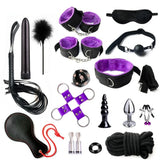 Pack BDSM 18 Pièces : les 18 accessoires à plat, doublure et attache croisée violettes
