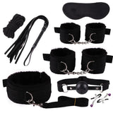 Pack Bondage 8 Pièces : les 8 accessoires à plat, attaches doublées peluche noire